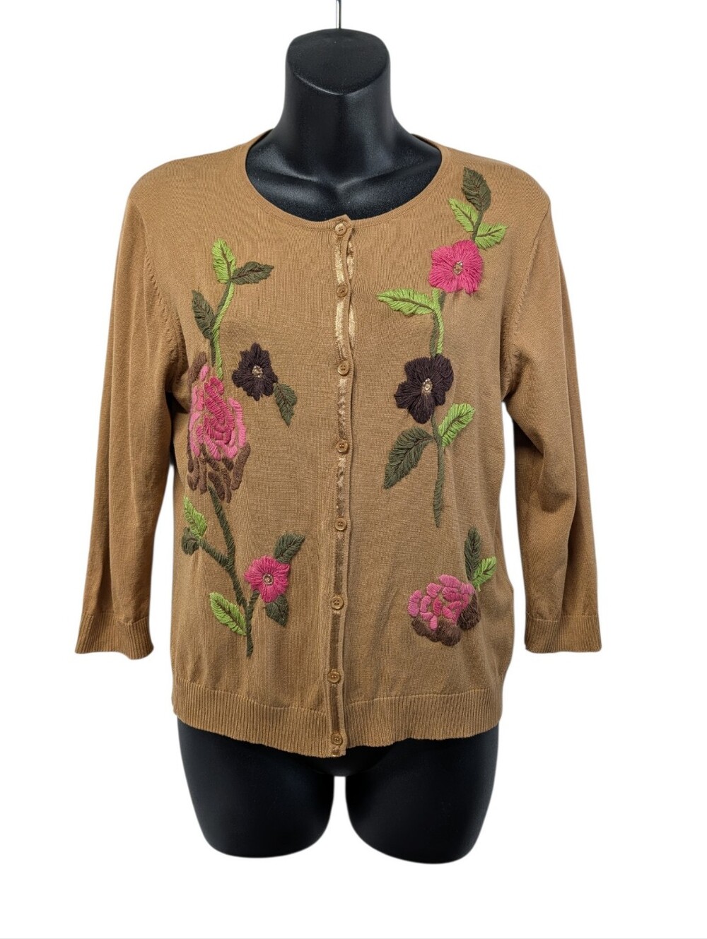 August Silk Blend Women's Brown Knit Floral Embroidered Button-Front Cardigan L